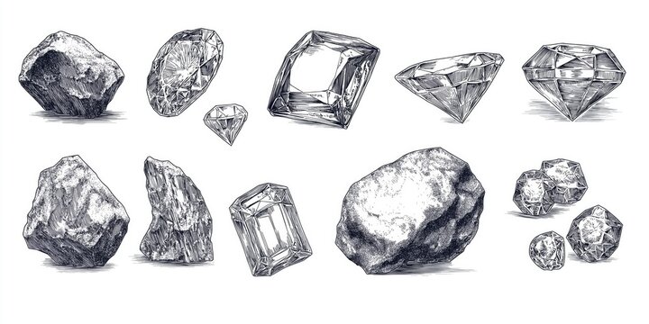 Educational diagram illustrating various types of diamond deposits and their mining methods, featuring detailed sketches of diamonds and rough stones