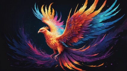 A vibrant phoenix with colorful feathers.
