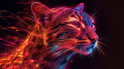 Neon Portrait of a Wildcat in Digital Art