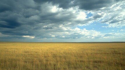 The vast, empty steppes of Russia under a dramatic cloudy sky.