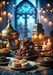 Naklejka premium Ramadan Iftar Table with Dates, Lanterns, and Traditional Dishes