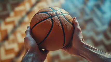 Fototapeta premium Hands firmly grip a basketball, showcasing the textured surface and distinctive lines against a blurred background of warm tones and patterns.