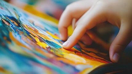 Obraz premium Hand Flipping Through a Children’s Book: A hand turning the pages of a vividly illustrated children’s book, with the artwork in the book partially visible. 