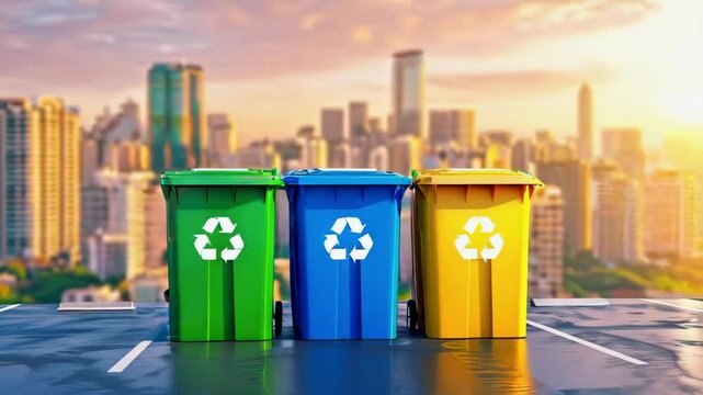 Bins for sorting various types of waste placed in front of a cityscape  &ndash; AI animation, 4k video	
