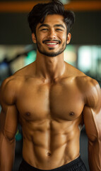 Portrait of a young and attractive Indian male personal trainer smiling confidently at the gym, showcasing his fitness.