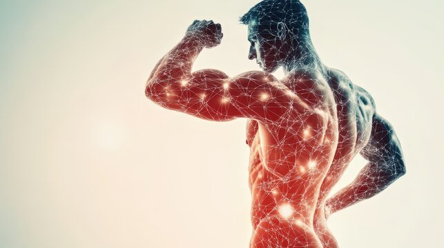 Sport training and fitness program digital concept with athlete figure on plain background