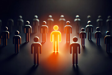 Glowing orange figure among dark silhouettes, symbolizing individuality and leadership – Human concept