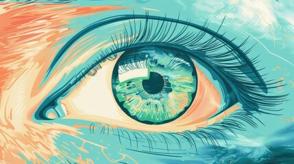 watercolor illustration, vintage postcard, World Sight Day, open human eye close-up, light blue background, copy space, free space for text