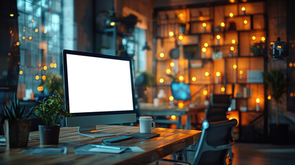 Fototapeta premium Modern Office with Blank Computer Screen and Warm Lighting
