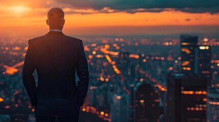 Fototapeta premium A businessman overlooking a city skyline at sunset, embodying ambition and opportunity in an urban landscape.