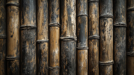 Fototapeta premium A bamboo fence background with a detailed texture of natural wood