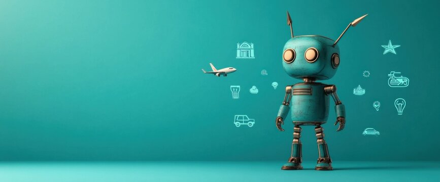 A robot stands in front of a blue background with a plane and other icons