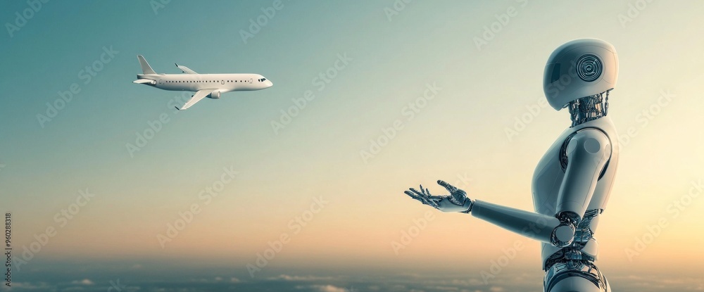 Wall mural a robot is standing on a runway next to a plane