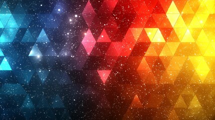 Colorful geometric pattern featuring triangle shapes and starry background in vibrant hues of blue, pink, orange, and yellow
