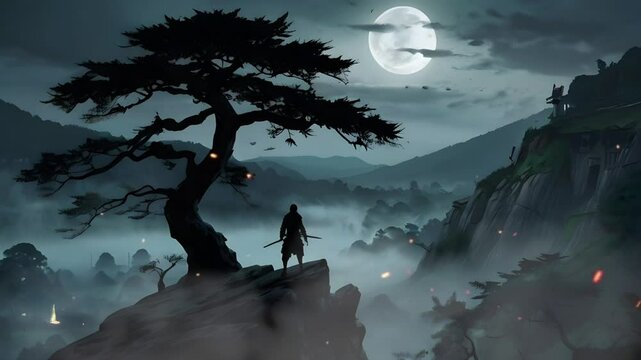 A ninja beside a large tree on a cliff at night, a village is visible below the cliff. Seamless 4K looping timelapse video animation background