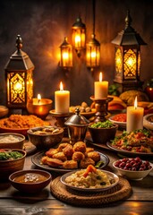 Naklejka premium Traditional Iftar Feast with Lanterns and Candles for Ramadan Celebration