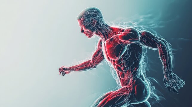 Sport science and fitness regime digital representation with athlete figure on plain background