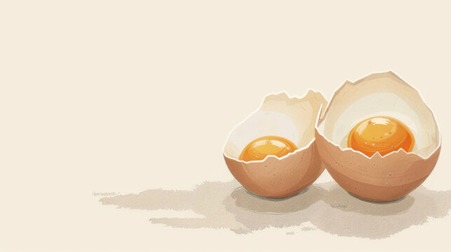 watercolor illustration, vintage postcard, World Egg Day, broken chicken egg, light beige background, white background, copy space, free space for text