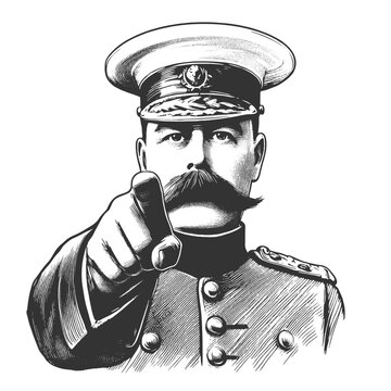 recommend clip art: stern military commander, pointing directly forward, symbolizing recruitment, authority, and duty sketch engraving generative ai vector illustration. Scratch board imitation. Black and white image.