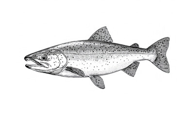 Naklejka premium Fish sketch salmon trout. Vintage retro print, black white salmon trout fish sketch ink pencil style drawing, linear drawing, engrave old school. Sketch artwork salmon trout fish. Illustration