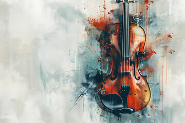 Vibrant image of a violin on an abstract background with blue, orange, and white tones. Perfect for illustrating musical, artistic, and creative themes.. Generative AI.