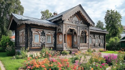 Fototapeta premium Traditional Russian wooden house with intricate carvings and a flower-filled garden.