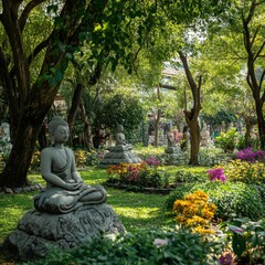 Wat Pho peaceful garden, with stone statues, ancient trees, and colorful flowers in full bloom.