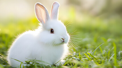 Endearing Portrait of a Fluffy White Bunny with Long Ears and Bright Eyes, Sitting Among Fresh Green Grass. This Adorable Bunny Exudes Charm and Innocence in a Natural, Serene Outdoor Setting
