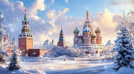 Obraz premium Winter view of Red Square in Moscow, with the snow-covered Kremlin and St. Basil's Cathedral.