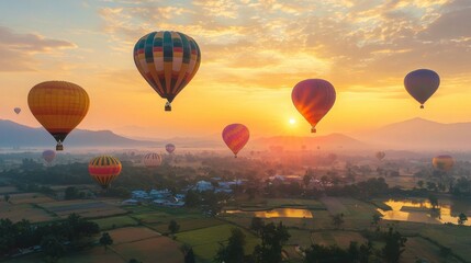 Naklejka premium Colorful Hot Air Balloons Soaring Over Scenic Mountain Landscape at Sunset