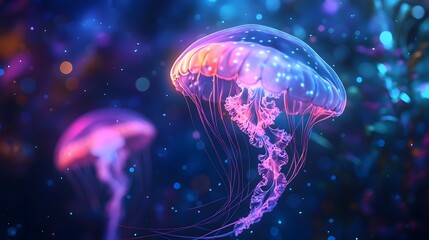 Obraz premium Ethereal Bioluminescent Jellyfish Pulsating in Serene Underwater Environment