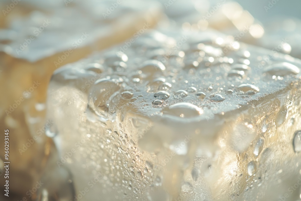 Wall mural Close-up photo of ice cubes. This image showcases the texture and detail of ice cubes, ideal for refreshing drink advertising.