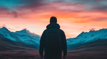 A solitary traveler gazes at a breathtaking sunset over majestic mountains, evoking feelings of adventure and serenity.