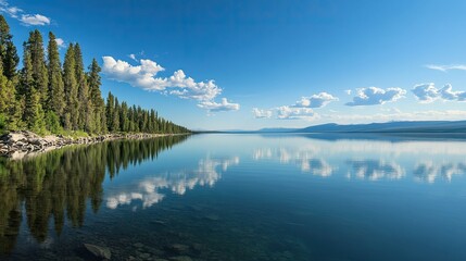 Yellowstone Yellowstone Lake with its calm, clear waters and surrounding forested mountains.