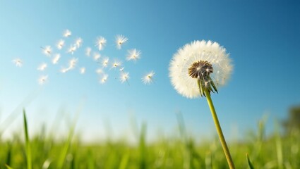Naklejka premium Dandelion flower with seeds flying by wind with clear blue sky landscape background.