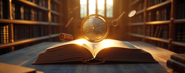 An inviting library scene ,an open book placed on a table in the foreground. Out of the book, maps,...