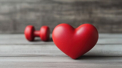 A vibrant red heart symbolizes fitness and wellness, placed in a gym setting alongside a dumbbell on rustic wooden background.
