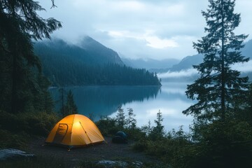 A tent glows in the twilight by a lake. Perfect for illustrating camping, nature, and serenity.