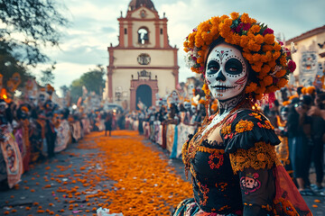 Fototapeta premium A woman in elaborate traditional attire stands among a colorful procession during Día de los Muertos, surrounded by marigolds and joyful participants celebrating the holiday