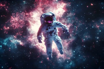 Fototapeta premium Lone Astronaut Adrift in a Cosmic Kaleidoscope of Vibrant Fireworks and Aurora