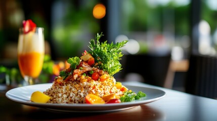 A vibrant plate of gourmet rice with fresh vegetables and fruits, perfect for food lovers and culinary enthusiasts.