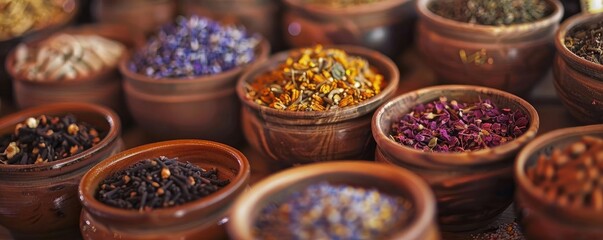 Fototapeta premium A colorful collection of spices in clay pots, showcasing vibrant textures and aromas, ideal for culinary or cultural themes.