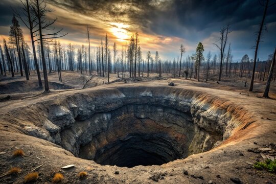 A dramatic view of a deep pit surrounded by burned trees under a moody sky, symbolizing nature's resilience after disaster.