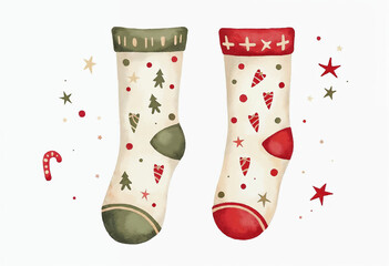 Illustration of isolated watercolor Christmas Socks on white background