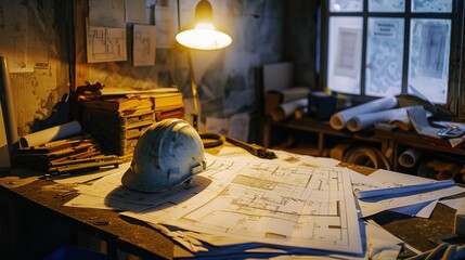 Hardhat on Blueprint in Construction Workspace