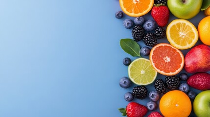 A vibrant assortment of fresh fruits on a blue background, showcasing healthy choices and natural colors.