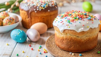 Easter cakes with colorful icing and eggs for holiday celebration
