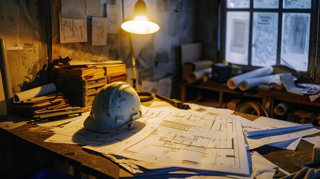 Hardhat on Blueprint in Construction Workspace