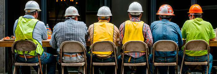 Group of workmen sitting at a table on a construction site eating lunch and resting