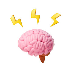 Brain with thunderbolt flashes. Brainstorming creative idea. Human Brain and lightning bolt Vector 3d cartoon icon illustration isolated